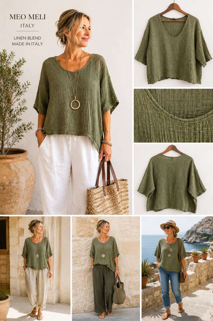 Womens Italy Linen Blend Top Olive Green Gauze Lagenlook Oversized Boho
